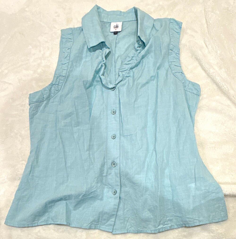 CAbi Women’s Blue Solid Woven Collared Sleeveless Ruffle Button-Up Blouse M